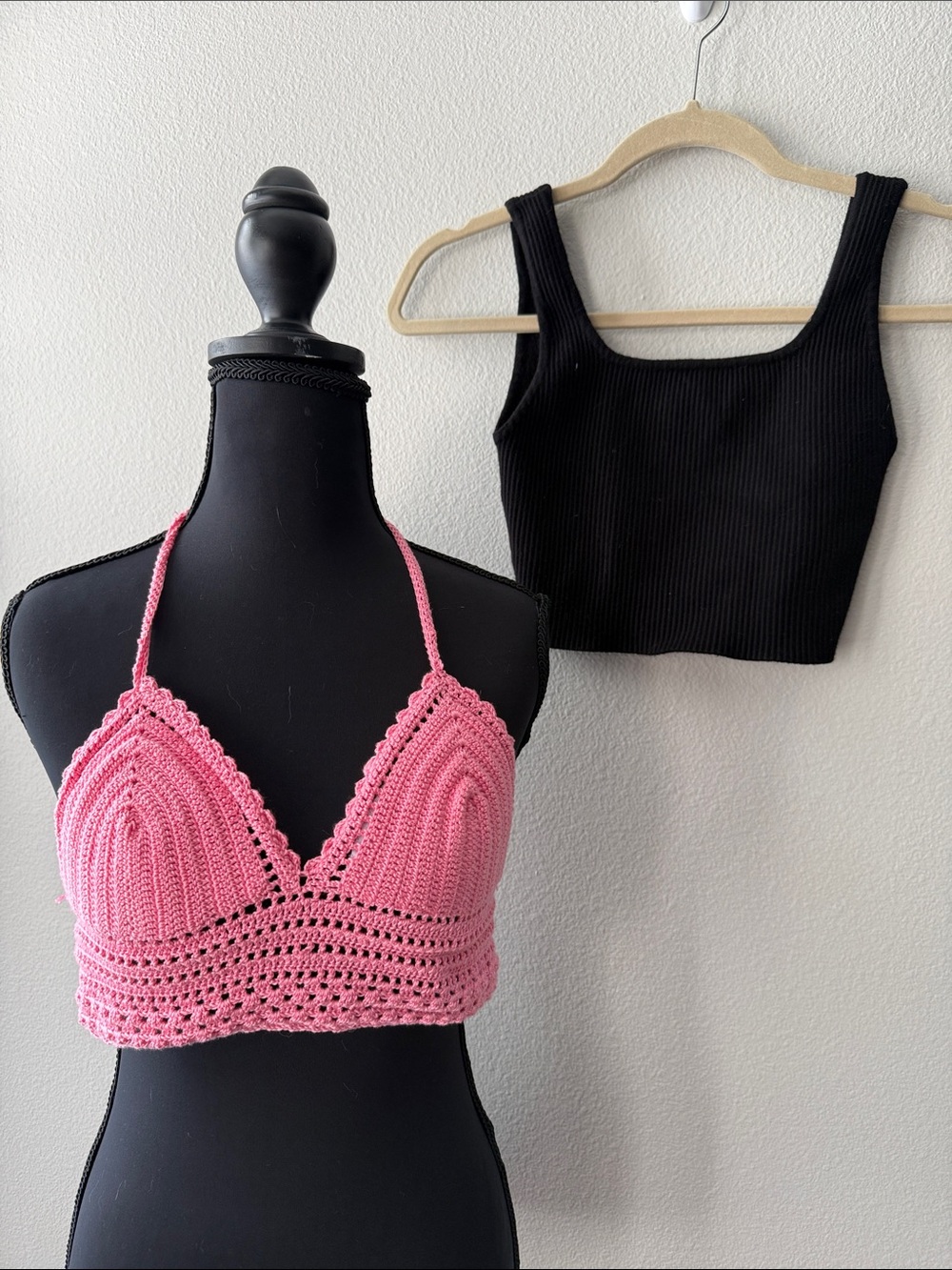 Handmade Pink Crochet Halter Top and black crop tank